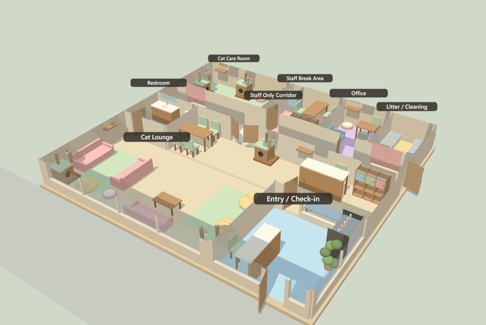 The whole floor from above with the walls cut down to four feet, every room furnished.